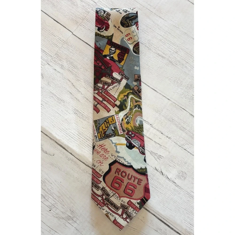 Beans McGee Route 66 Novelty Necktie Mens Vintage Road Trip Map Print Multicolor